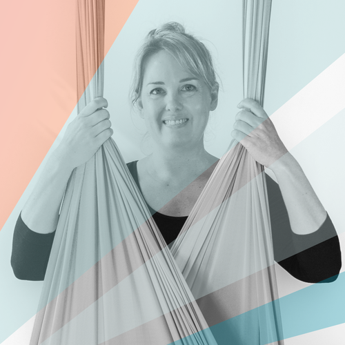 a black and white photo of Jo Stewart - Thumbnail with the AY Podcast bands of colour across the image
