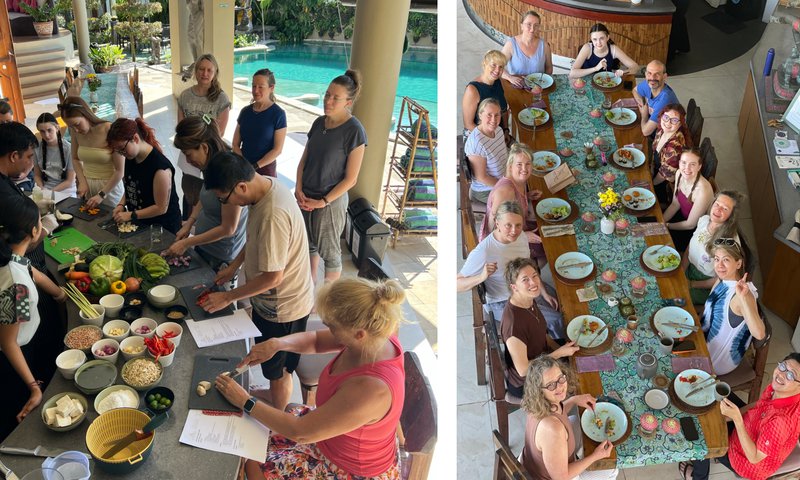 Image one is a cooking class in action, with participants chopping up ingredients. Image two is a view from above of 14 people sitting at a table and smiling.