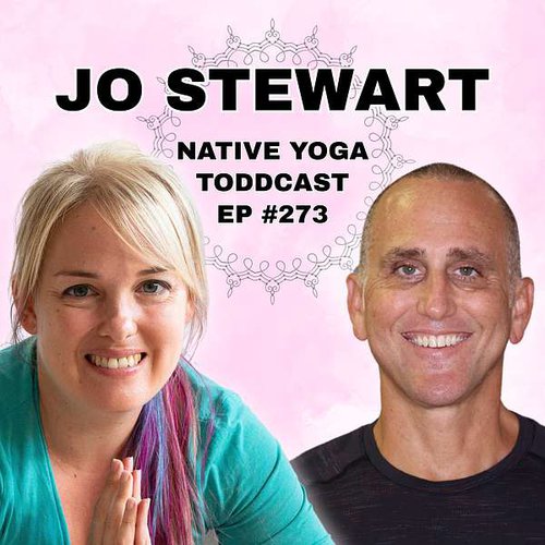 native yoga toddcast image tile, with portraits of Jo and Todd on pink background