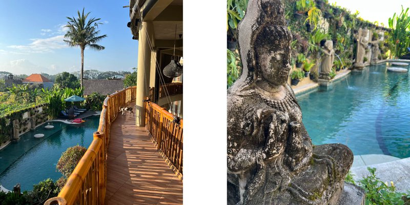 two photos of a beautiful Balinese pool. You can see garden, farmland and carved sculptures in the background