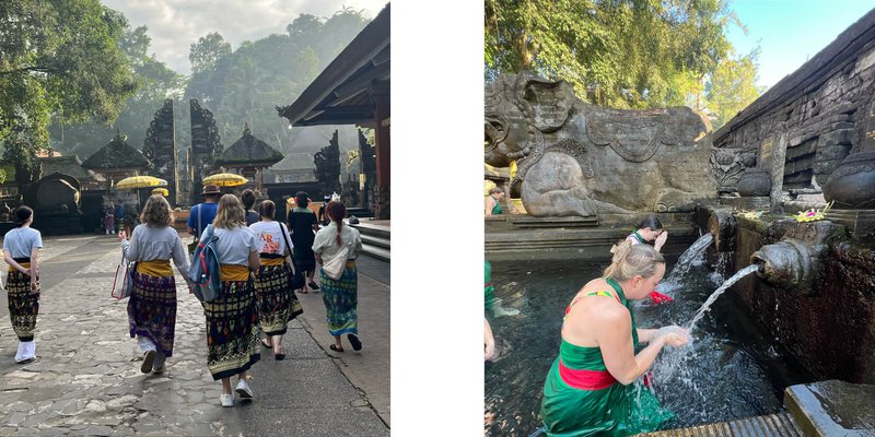 The first image shows a group of people in sarongs walking towards a carved stone temple gate. The second image shows the temple pool and two women anointing themselves with spring water